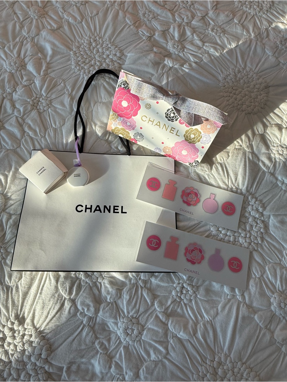 CHANEL Pink Floral Gift Bag and Sticker Set